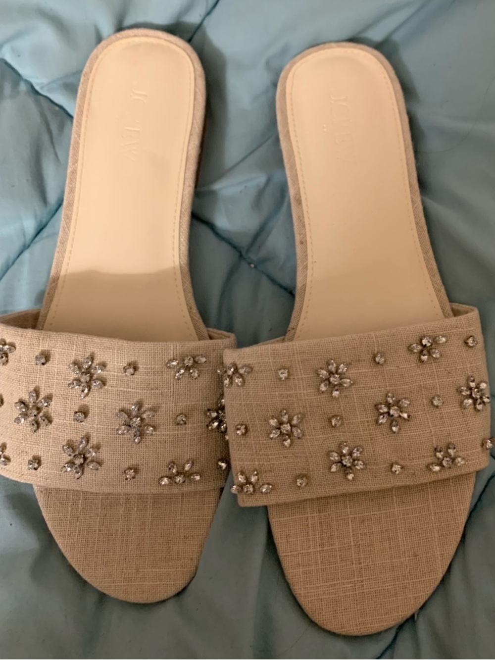 J. Crew Embellished Cream Slide Sandals